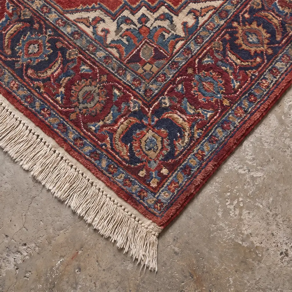 Le même coin de tapis persan après lavage : velours relevé, motifs nets, franges peignées
