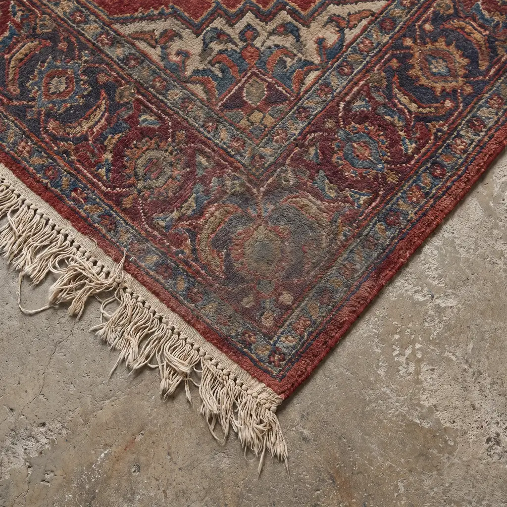 Coin d'un tapis persan encrassé : velours terne, franges emmêlées
