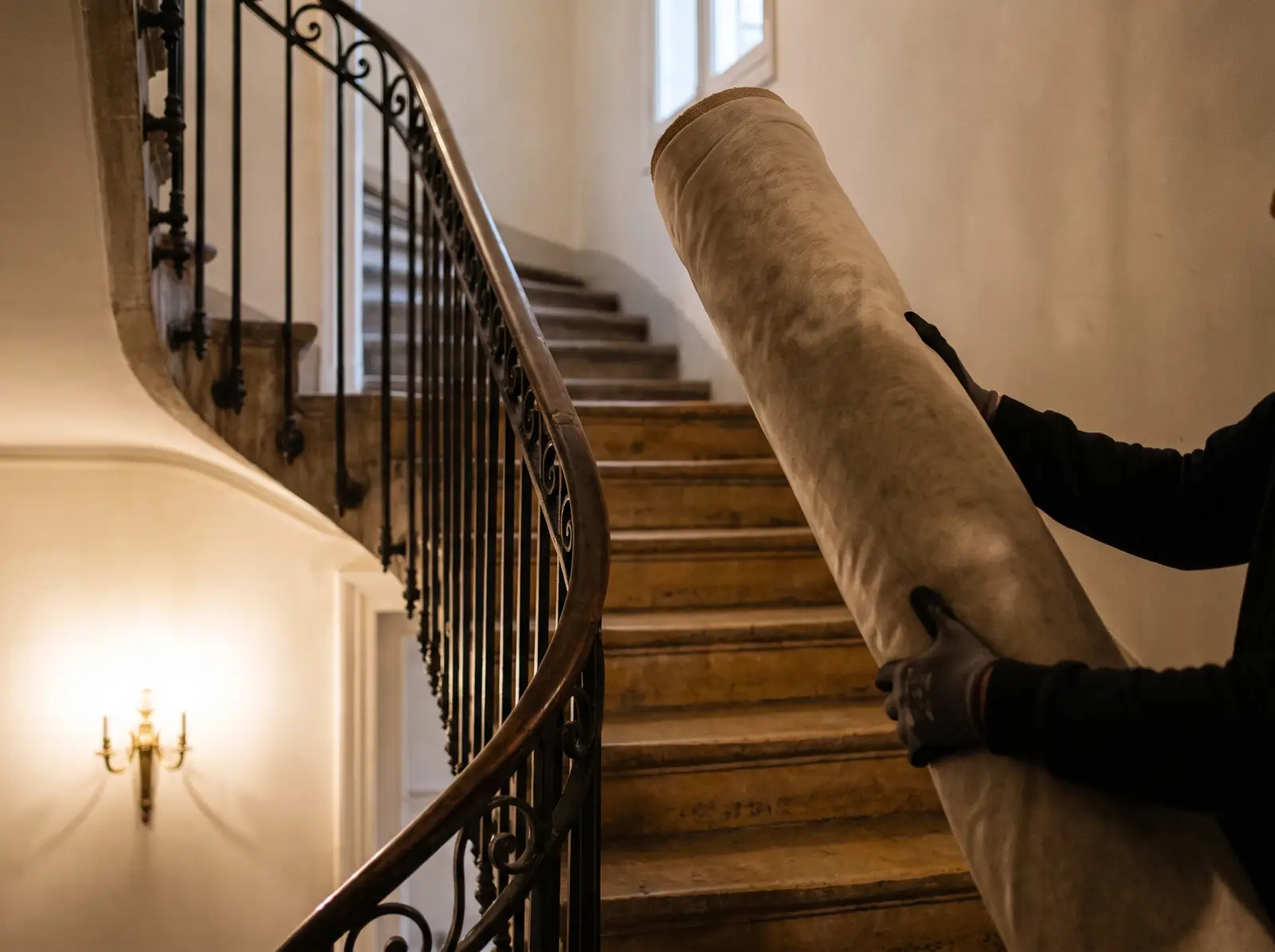 Tapis roulé et protégé, descendu dans un escalier haussmannien