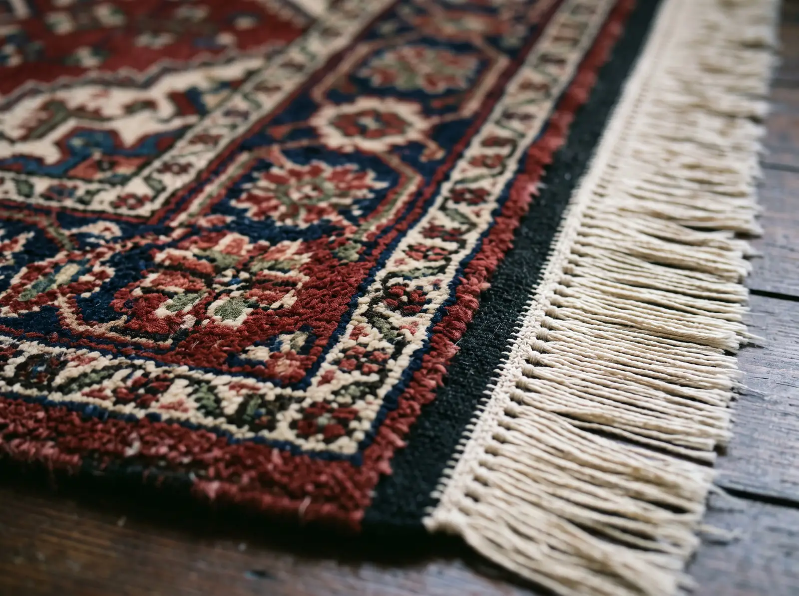 Détail du nouage et des franges d'un tapis persan