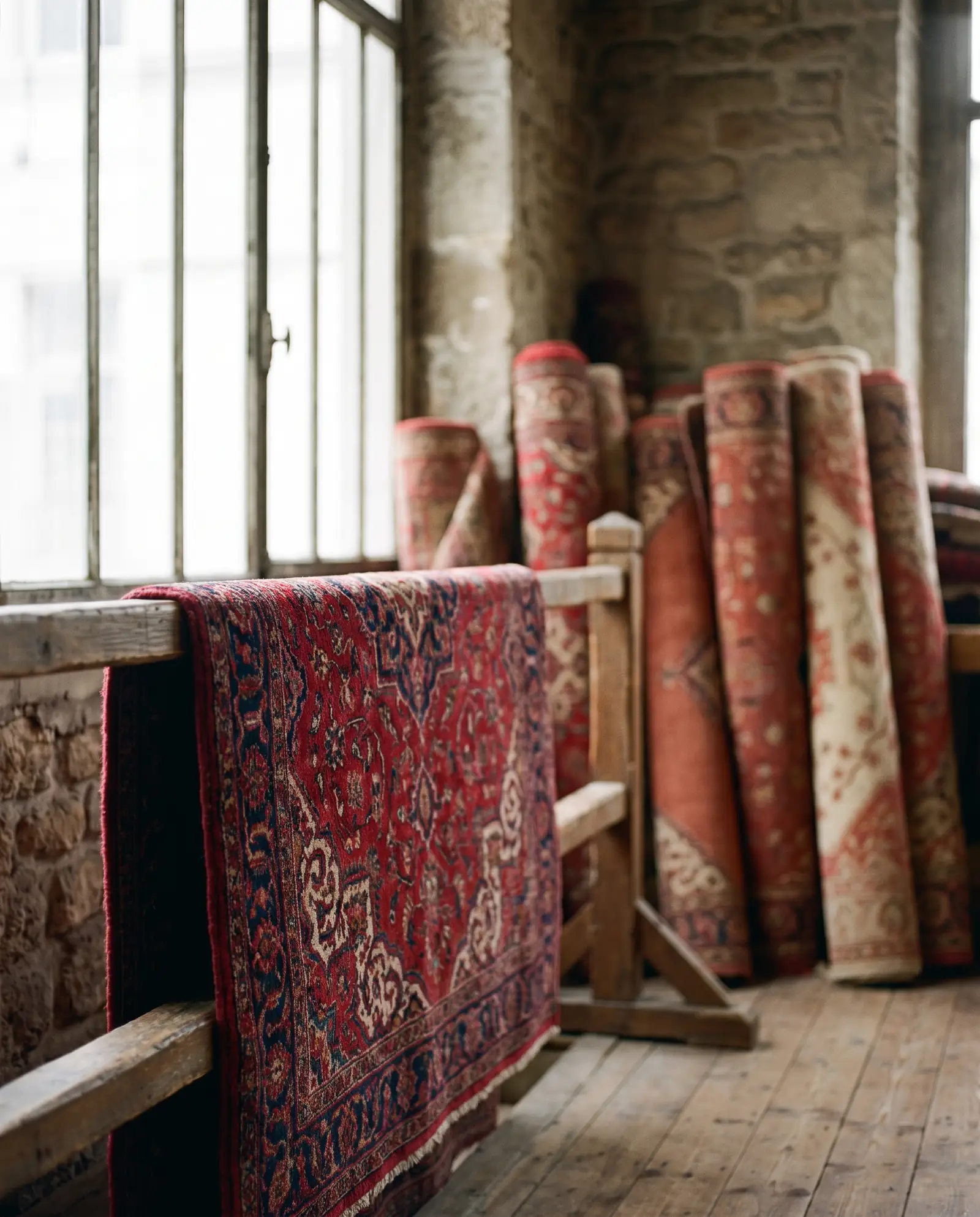 Tapis persan ancien en laine, teintures rouge garance et indigo, dans l'atelier de lavage