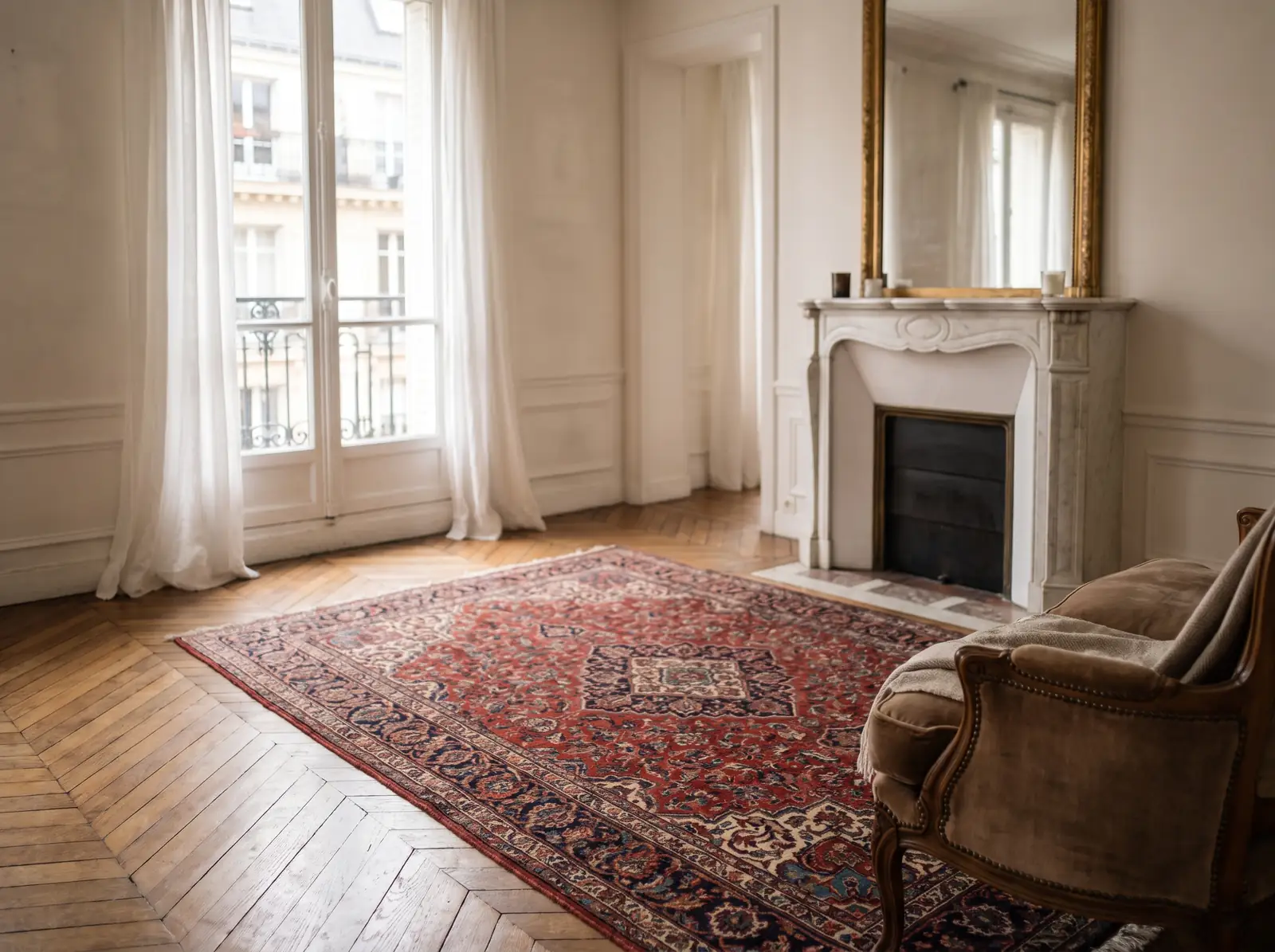 Salon parisien à parquet en point de Hongrie, grand tapis persan devant une cheminée en marbre