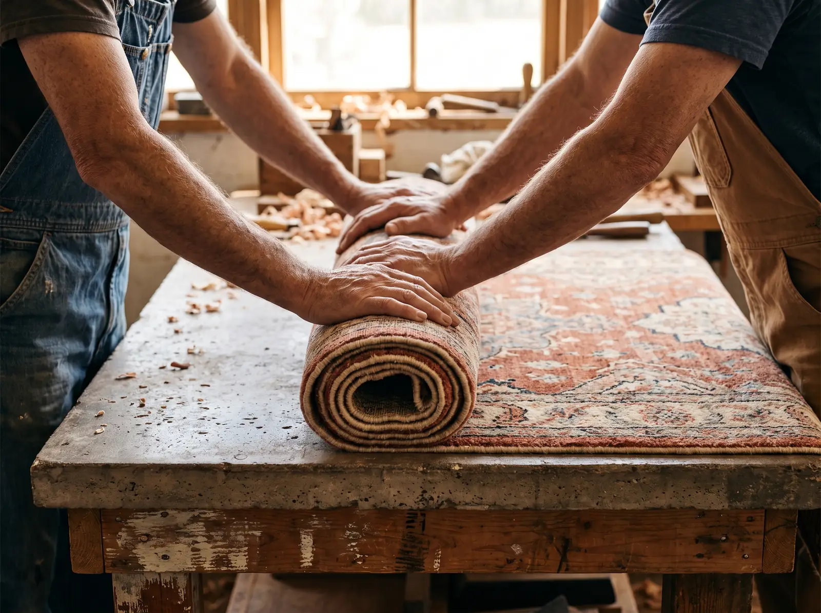 Deux paires de mains roulant un tapis en laine sur une table d'atelier